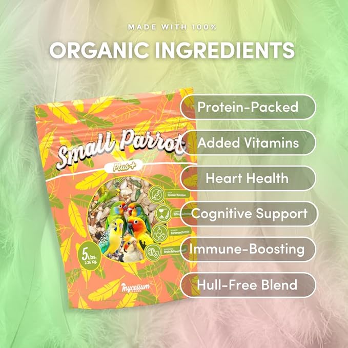 Mycelium Organic Small Parrot Plus Bird Seed (5 LBS) | Premium Food for Small Pet Birds | High-Protein, Vitamin-Fortified Daily Nutrition | Supports Brain & Heart Health | USA Made, Non-GMO