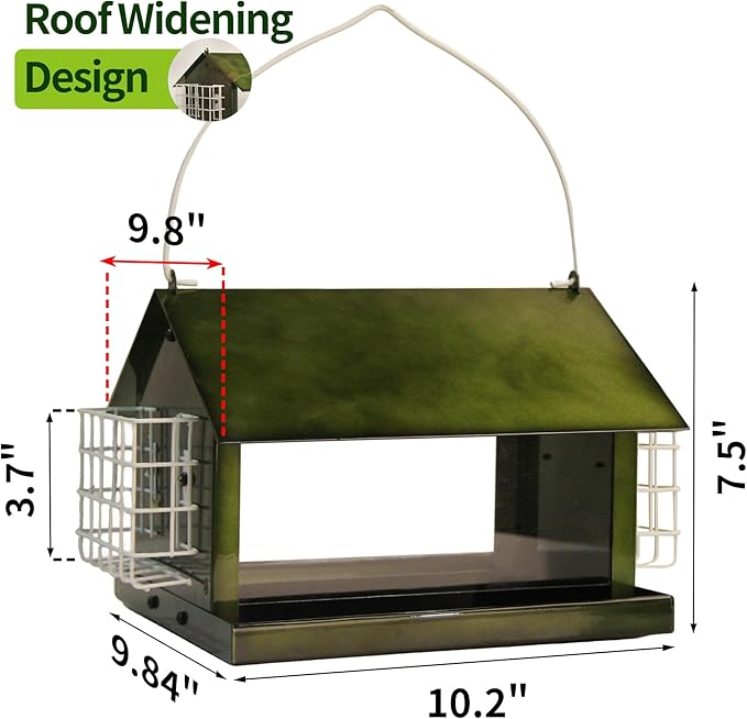 Solution4Patio Green Outdoors Hanging Bird Feeder, All Metal, Double Suet Cake and Large Capacity, Hopper Tray & Weatherproof for Finch, Cardinal & Chickadee #B101E01-US Squirrel-Proof