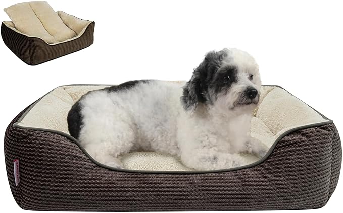 Miguel Dog Bed with Removable Cushion/Pillow for Medium Small Dogs, Washable Pet Bed with Side Easy to Wash Puppy Bed, Large Rectangle Cat Bed for Indoor Cat with Anti-Slip Bottom, Brown 25 Inch