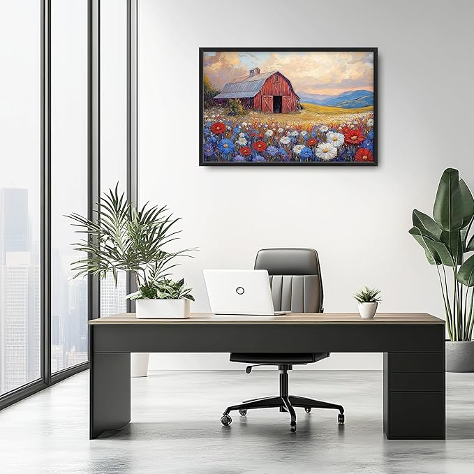 Large Farmhouse Barn Daisy Wall Art for Living Room, Floral Landscape Canvas Oversized Wall Decor, Flower Scenery Framed Pictures Painting Print Artwork for Bedroom Office 36"L x 24"W