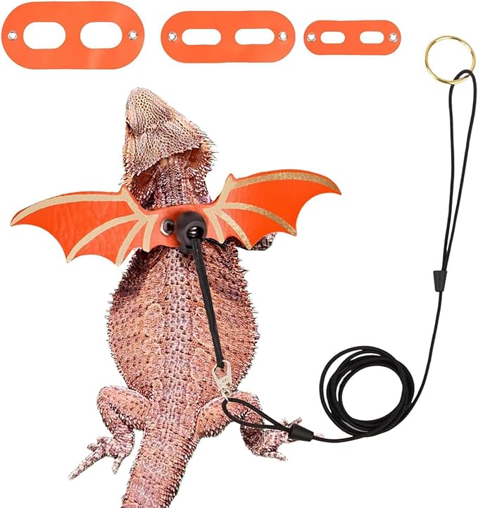 Adjustable Lizard Harness and Leash Set with Wings 3 Pack S M L Soft Leather Reptile Costume Accessories for Bearded Dragon Chameleon Guinea Pig Small Animals Orange
