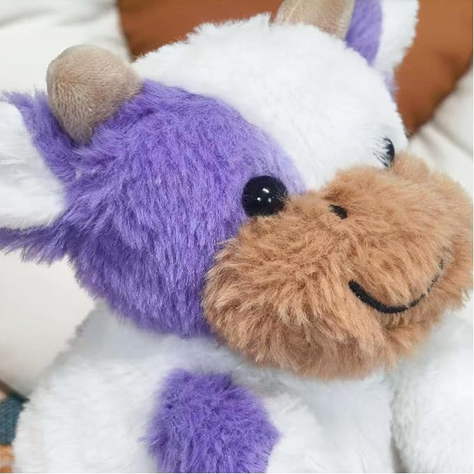 Purple and White Cow Weighted Stuffed Animal 7.87in Cute Sitting Cow Plush with Smile Soft Fluffy Small Farm Plushie for Kids Adults Birthday Festival Gift Bed Home Office Decoration Toys