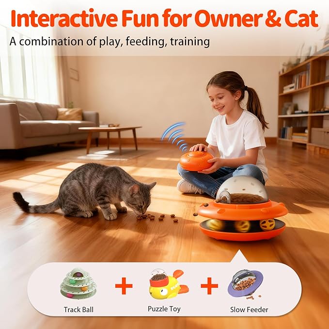 Interactive Dog & Cat Toys - Automatic Treat Puzzle with Remote Control for Cats & Dogs Food Dispensing, Pets Enrichment IQ Training Gift, Rechargeable Electronic Ball Track Toy Slow Feeder