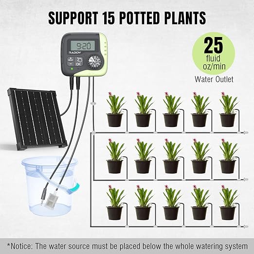 Raddy WS-1 Drip Irrigation Kit, 5W Solar Powered Automatic Watering System, Easy DIY Water Timer for Plants on The Balcony, Gardens, and Green House, Supported 15 Pots