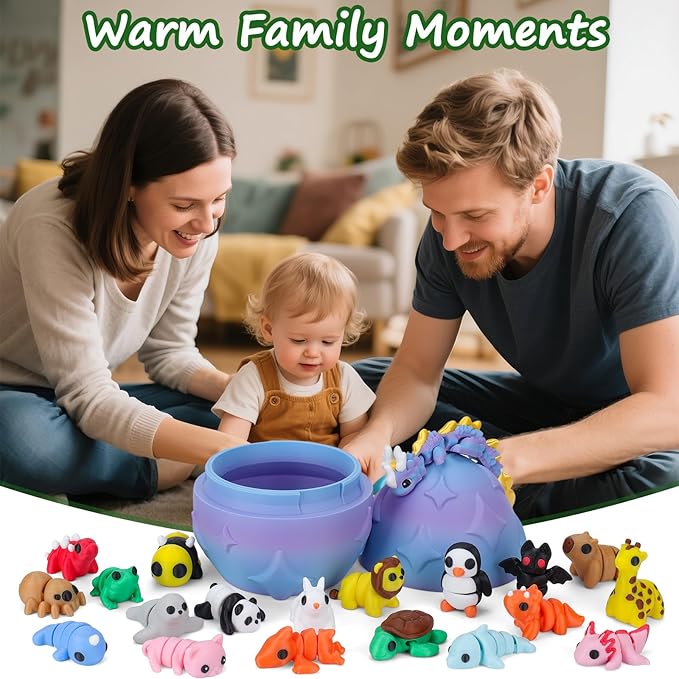 Mini 3D Printed Animals with Dragon Eggs Set, 3D Printed Fidget Toys, Small Articulated Animal Figures Pocket Pets Bulk, Desk Ornament Party Favors (Animal Family)