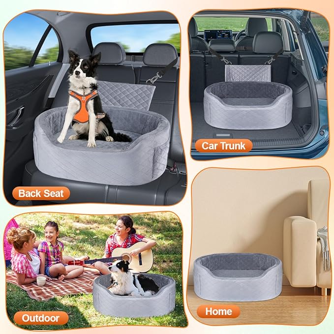 Dog Car Seat for Medium Large Dogs Up to 25.59", 28D High-Density Memory Foam with Waterproof Cover, Pet Travel Bed with Storage Pockets, Blanket, Dog Safety Belt, Grey