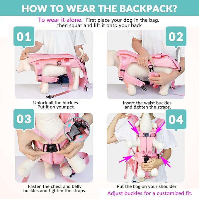 Lukovee Dog Backpack Carrier, Legs Out Easy-fit Dog Front Carrier for Small Medium Dogs, Adjustable Hands Free Dog Chest Carrier for Hiking Cycling (Pink,Medium)