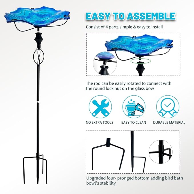 HONGLAND 32 Inch Height Bird Baths for Outdoors, Glass Birdbaths Outdoor Birdfeeder with Metal Stake Garden Yard (Blue)