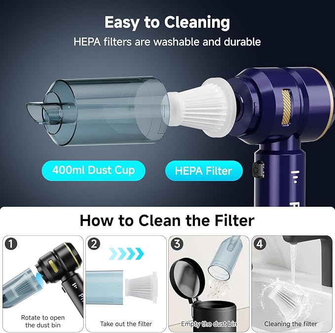 Handheld Vacuum Cordless, Car Vacuum Cleaner with High Power Strong Suction, Compressed Air Dusters with LED Light, Mini Portable Hand Vacuum Blower for Home, Pet (Navy)