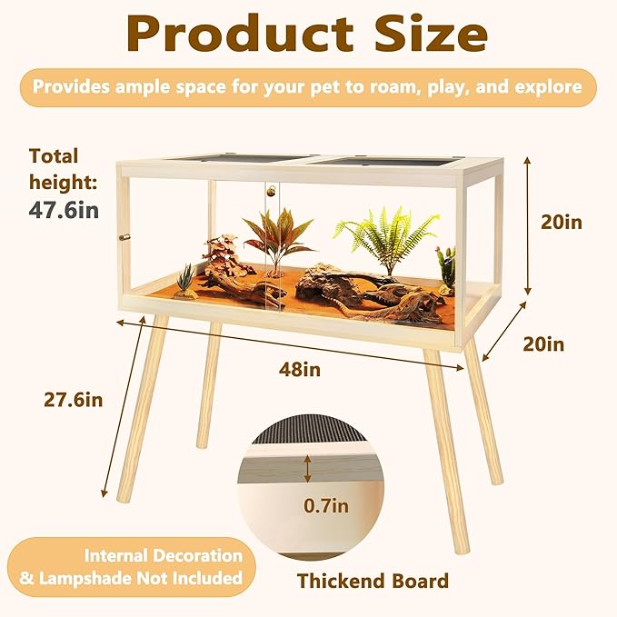 Bearded Dragon Tank with Legs Up to 77 Gallons, Tortoise Habitat with Metal Mesh Top, Reptile Enclosure Lockable Design, Snake Tank (Oak, 77 Gallon, 48" L x 20" W x 47.6" H)