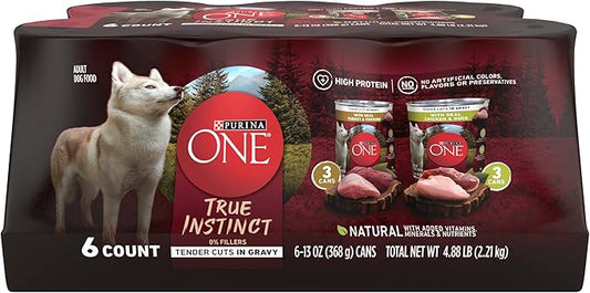 Purina ONE True Instinct Tender Cuts in Gravy with Real Turkey and Venison, and with Real Chicken and Duck High Protein Wet Dog Food Variety Pack - (Pack of 6) 13 Oz. Cans
