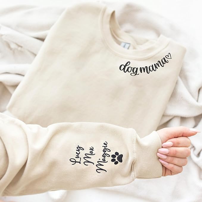 NAZENTI Custom Dog Mom Embroidered Sweatshirt with Pet Name on Sleeve, Fur Mama, Dog Lover Gifts