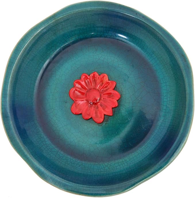 DUSVALLY Birdbath Ceramic Bowl Decor for Bee Bird for Outside, Bird Bath Bowl Vintage Decoration for Garden and Patio, Blue with Red Flower