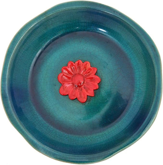 DUSVALLY Birdbath Ceramic Bowl Decor for Bee Bird for Outside, Bird Bath Bowl Vintage Decoration for Garden and Patio, Blue with Red Flower