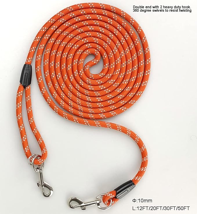 Long Rope Dog Leash for Dog Training 12FT 20FT 30FT 50FT, Reflective Threads Dog Cat Leashes Tie-Out Check Cord Recall Training Agility Lead for Large Medium Small Dogs (Orange, 10mm*20ft)