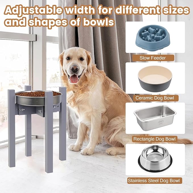 HTB Elevated Dog Bowl Stand,Adjustable Dog Food Stand for 8”-11” Bowls,Single DogBowl Holder 14” Tall for Large Dogs Grey