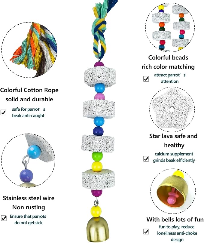 Parrot Chewing Toy with Bell - Bird & Parakeet Beak Grinding Stone - 3 Pack