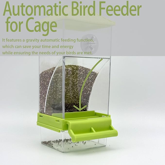 No Mess Bird Feeder Water Dispenser Set, Automatic Parrot Feeder for Cage Transparent Acrylic Food Container Drinker Cage Accessories Parakeet Cockatiel Lovebird Finch (Green)