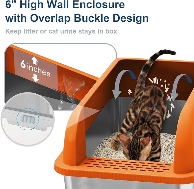 Enclosed Stainless Steel Litter Box with Lid Extra Large Litter Cat Box for Big Cats XL Metal Litter Pan Tray with High Sides Enclosure, Anti-Leakage, Easy Cleaning (Orange)