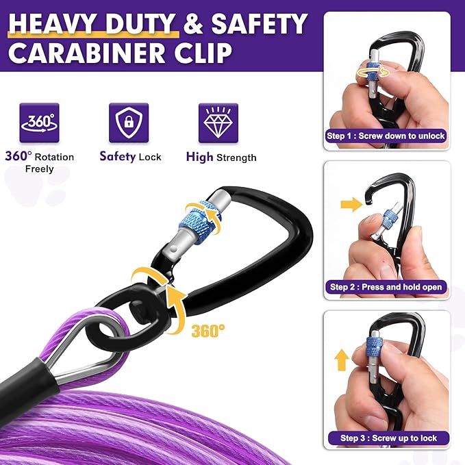 Snagle Paw Dog Leads for Yard 100FT-1000LBS Break Strength,Heavy Duty Tie Out Cable for Dogs with Swivel Lockable Hook & Spring,Chew Proof Dog Chain for Outside,Dog Run Cable for Medium Large Dogs