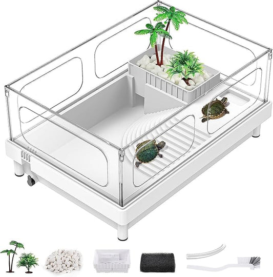 Small Turtle Tank, Aquarium, Acrylic Terrarium with Basking Platform, Bottom Drainage, Multi-Function Areas for Turtles, Crabs, Crayfish, Reptiles.