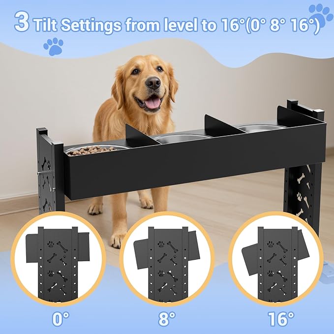 Triple Elevated Dog Bowls Stand for Multiple Dogs,8 Height Adjustable Tilted Raised Dog Bowl Stand with 3 Stainless Steel 1.3L(44oz) Bowls, 21.9" Tall Pet Feeding Station for Large Breed Dogs
