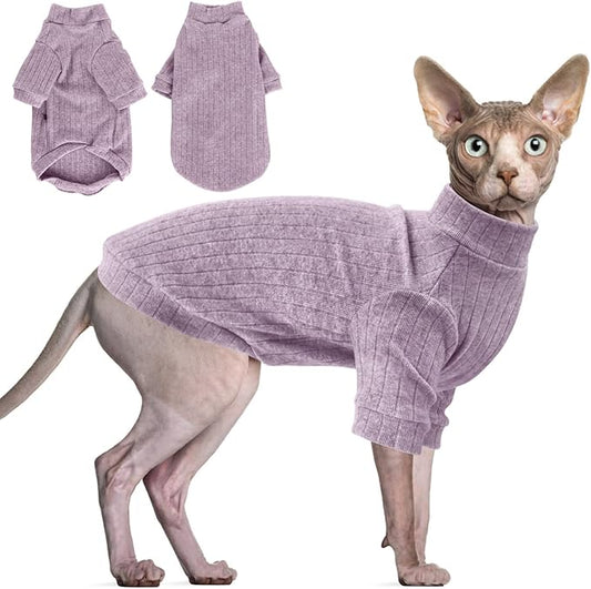 Idepet Sphynx Hairless Cats Sweater Shirt Kitten Soft Puppy Clothes Pullover Cute Cat Pajamas Jumpsuit Cotton Apparel Pet Winter Turtleneck for Cats and Teacup Chihuahua Small Dogs(Purple,S)