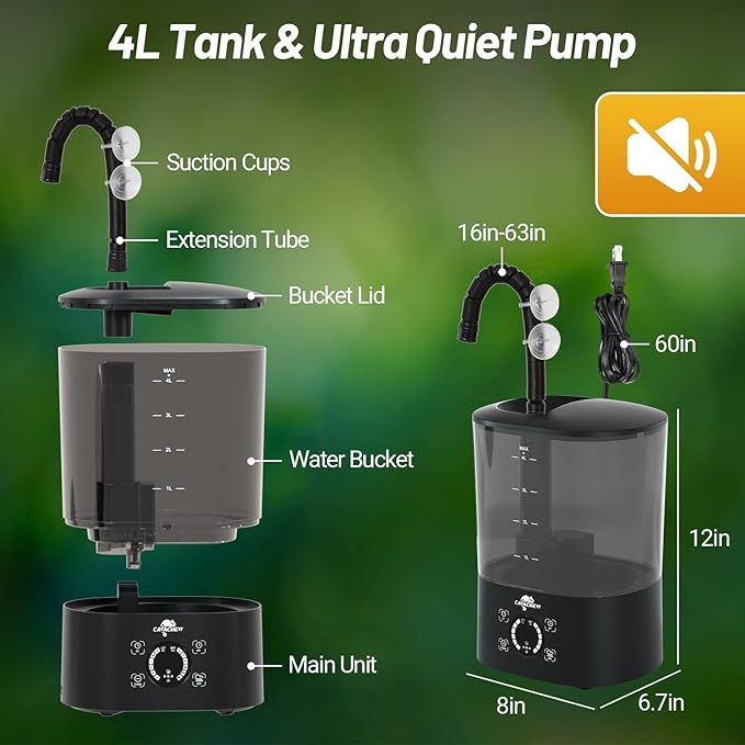 4L Reptile Humidifier Fogger Top Fill, Automatic Misting System for Reptiles, Adjustable Fogging, Leak-Proof, Timing Terrarium Mister Tank Humidifier for Snake Chameleon Frog Hermit Crab