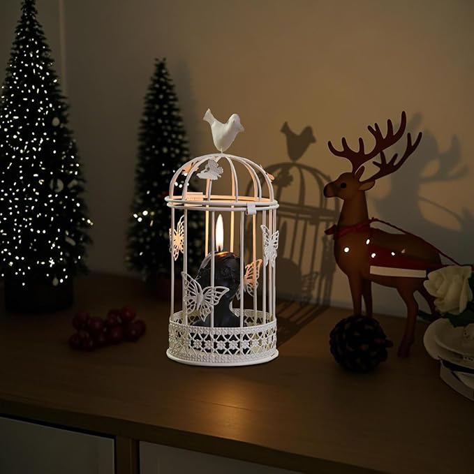 Vintage Decorative Bird Cage，Metal White Bird Cage Decor for Candelabros para Centros De Mesa & Lanterns Decorative Indoor Suitable Wedding Party, Dining Table，Fireplace Metal Lantern&Bird Cage Decor