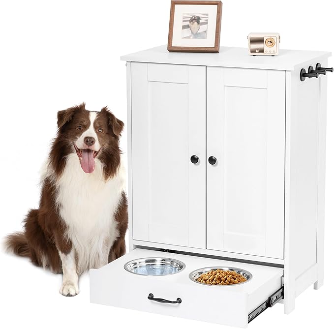 ALINE FURNITURE Dog Feeding Station with Storage Cabinet and 2 Elevated Dog Bowls, Hidden Pet Feeder Station Wood, Dog & Cat Storage Organizer, White