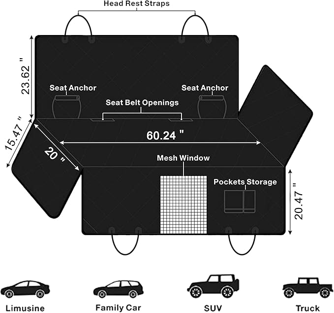 Femuar Dog Car Seat Cover, Waterproof Nonslip Pet Seat Cover for Back Seat with Storage Pockets Mesh Visual Window, Scratch Proof Pet Dog Seat Cover Hammock for Cars Trucks and SUVs, XL-Black