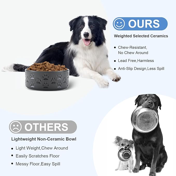 SPUNKYJUNKY Ceramic Dog Bowls 2 Pack, 7.3'' Dog Food Water Double Feeding Bowls Non-Slip for Medium to Large Sized Breed Microwave Dishwasher Safe - 42 OZ, 2pcs, Paw Black