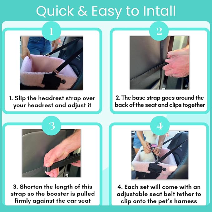 Blue Dog Booster Seat - Washable, Adjustable, Collapsible Pet Travel Carrier Bed - Safety Seat Belt Tether for Small Dogs, Puppies, and Pets up to 18 lbs