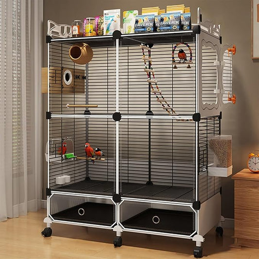 Large Parrot Cage with Acrylic Doors, 4 Casters, Perch & Feeder, Detachable Drawer, Ideal for Cockatiels, Budgies, Conures, Indoor/Outdoor Use – Spacious White Birdcage(Black,72 * 36 * 106)