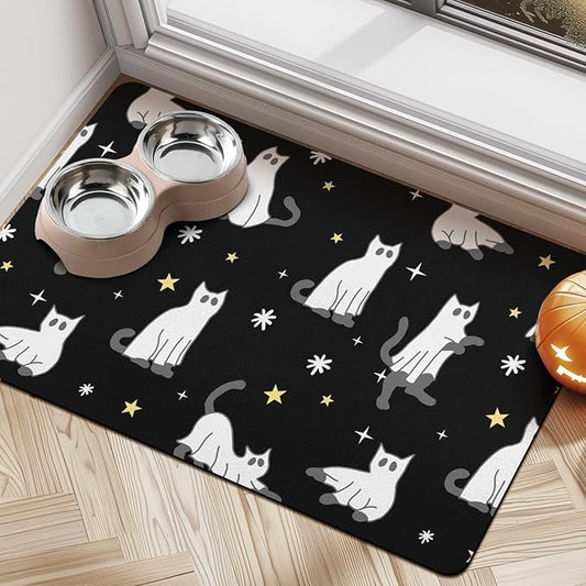 Halloween Dog Food Mat for Floors - Absorbent, Quick Dry, Non-Slip Bowl Mat for Pet Food and Water - Cat and Dog Accessories