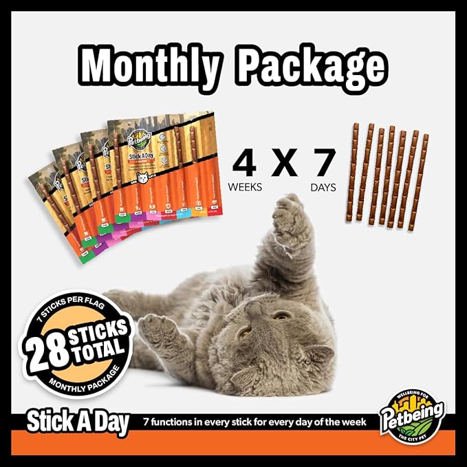 Stick a Day | Specially Formulated 7-in-1 Functions Daily Real Meat Supplement for Cats | Cat Chew Stick & Pet Vitamins Supplements Combination (7-Pack x 4, Chicken)