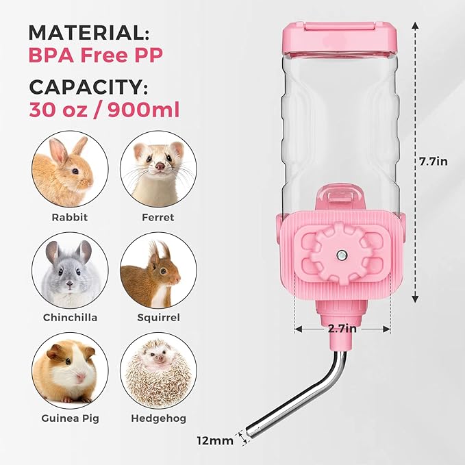 Vannon Small Animal Water Dispenser for Cage, 30oz Auto Feeding Crate Water Bottle for Rabbit, Chinchilla, Ferret, Guinea Pig, Squirrel, Hedgehog, Pet Nozzle Diameter: 10mm, BPA Free, Pink