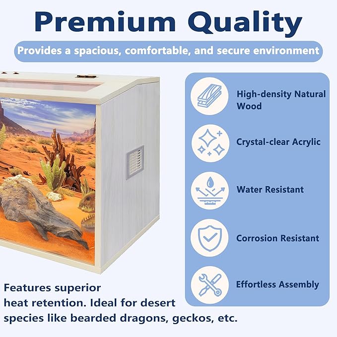 Prolee Reptile Terrarium, Lizard Tank Up to 68 Gallons, Bearded Dragon Tank with Roof Door, Snake Tank with Built-in Lamp Fixture and Switch (78 Gallon, 48" Long, Openable Wood Roof)