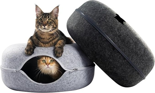 CATTASAURUS Peekaboo Cat Cave for Multiple & Large Cats Up to 30-45 Lbs, Scratch Detachable & Washable Tunnel Bed, Comfy Donut Cat Cave (Light Gray + Dark Gray, Large)