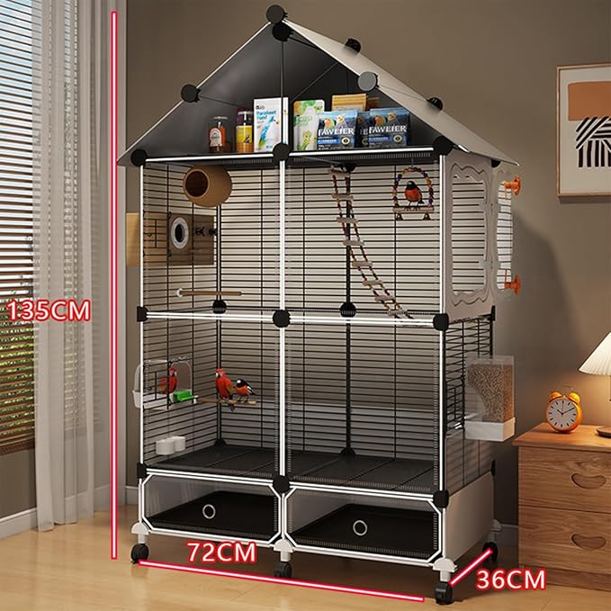 Large Parrot Cage with Acrylic Doors, 4 Casters, Perch & Feeder, Detachable Drawer, Ideal for Cockatiels, Budgies, Conures, Indoor/Outdoor Use – Spacious White Birdcage(Black,72 * 36 * 135)
