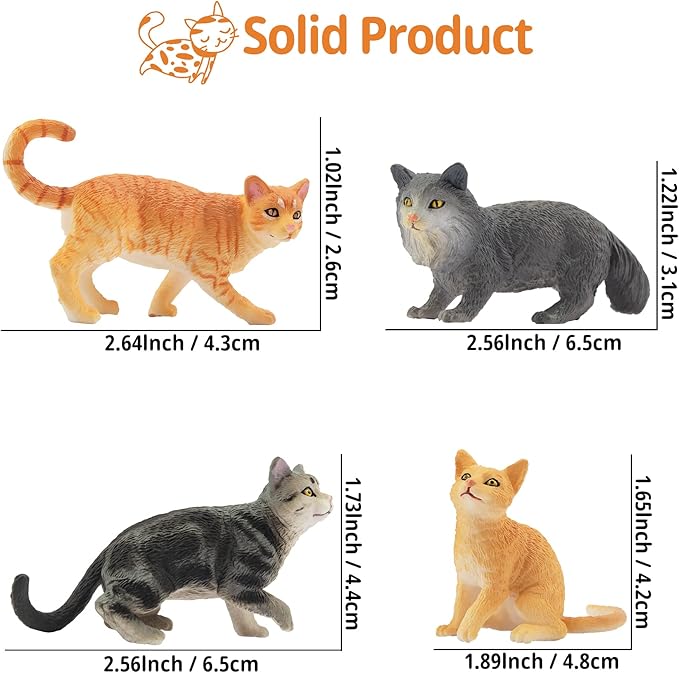 Toymany 8PCS Grey & Orange Cat Figurines Set, Realistic Cat Figures Kitten Toys, Cat Cake Toppers Easter Eggs Birthday Gift for Kids Children