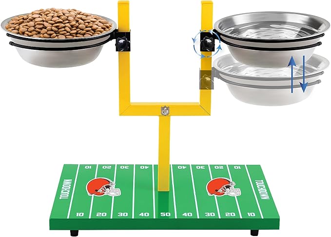 NFL Cleveland Browns Goalpost Football Field Dog Feeder – Adjustable Elevated Dog Bowls with Stand, 2 Stainless Steel Bowls, Non-Slip Rubber Feet, Raised Pet Feeder for Large & Small Dogs, Cats.