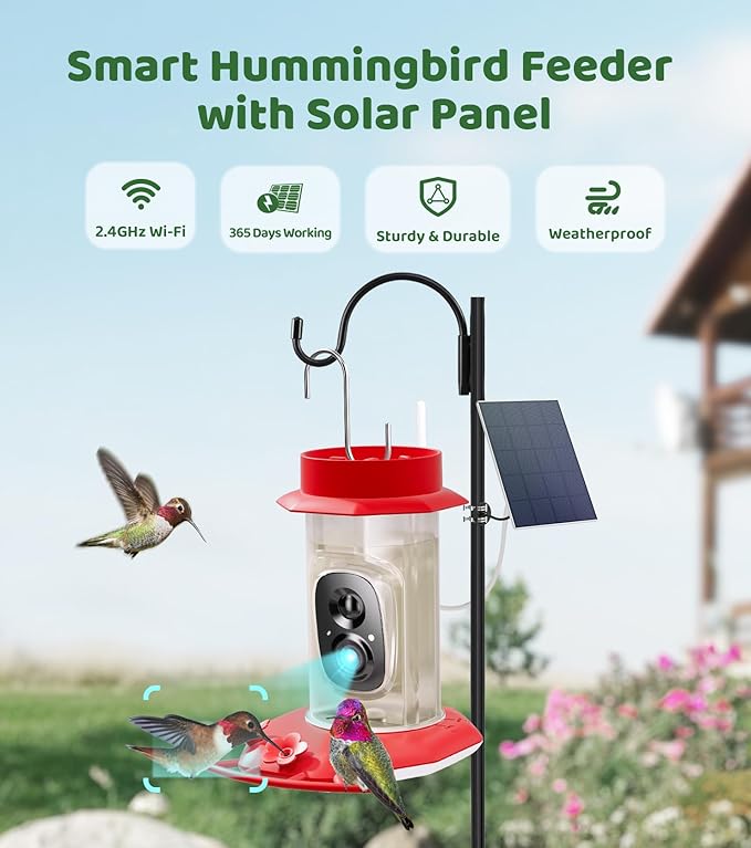 HIXX Smart Hummingbird Feeder with Camera Solar Powered with CoolBirdie Collectible, Ant Moat& Bee Proof, Easy Clean, Includes Limited Edition Plush Bird Toy, for Hummingbird Lover&Family