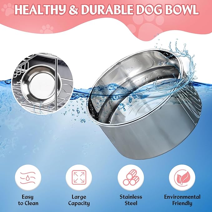Large 2 Packs Hanging Water Bowls for Dog Crate Stainless Steel Kennel Water Bowl No Spill Adjustable Dog Water Dish for Medium Large Dogs Huge Pets (7.1 * 4.3”& 6.3 * 2.3”)