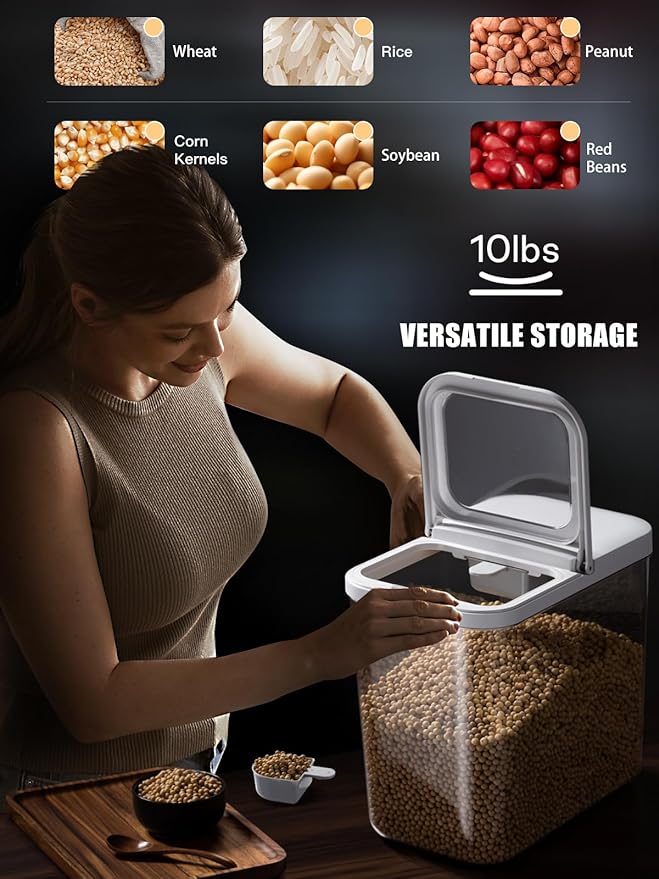 LivLab Mker Rice Storage Container -10Lbs/1.3Gal/6KG Rice Container Airtight Grain Dispenser Kitchen Pantry Organizer with Measuring Cup, BPA-Free, Clear Design for Dry Food