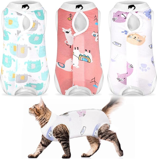 Nuanchu 3 Pieces Cat Recovery Suit Kitten Recovery Suit E-Collar Alternative for Cats and Dogs Abdominal Skin Anti Licking Pajama Clothes Sets(Cute Pattern,Large)
