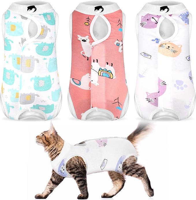 Nuanchu 3 Pieces Cat Recovery Suit Kitten Recovery Suit E-Collar Alternative for Cats and Dogs Abdominal Skin Anti Licking Pajama Clothes Sets(Cute Pattern,Medium)