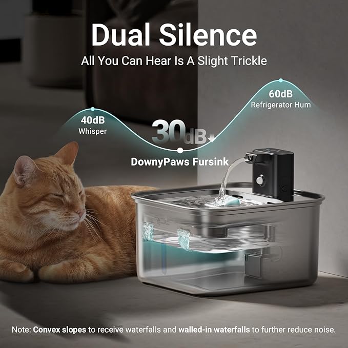 DownyPaws Cat Water Fountain Stainless Steel Wireless, 101 oz/3L FurSink Cordless Cat Water Dispenser for Pets, Battery Operated Dog Drinking Fountain with Motion Sensor, Easy Clean, Metal