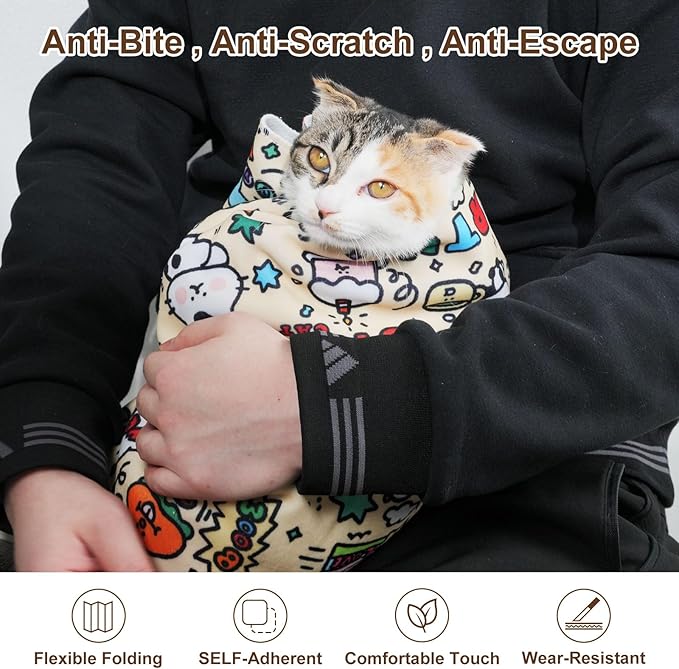 27.6" Large Cat Grooming Wrap – Anti-Escape Cat Wrap for Cutting Nails, Brushing & Medication – Soft, Comfortable, Reusable, Self-Adhering, Holds Cats Up to 15lbs (Elephant Cat)