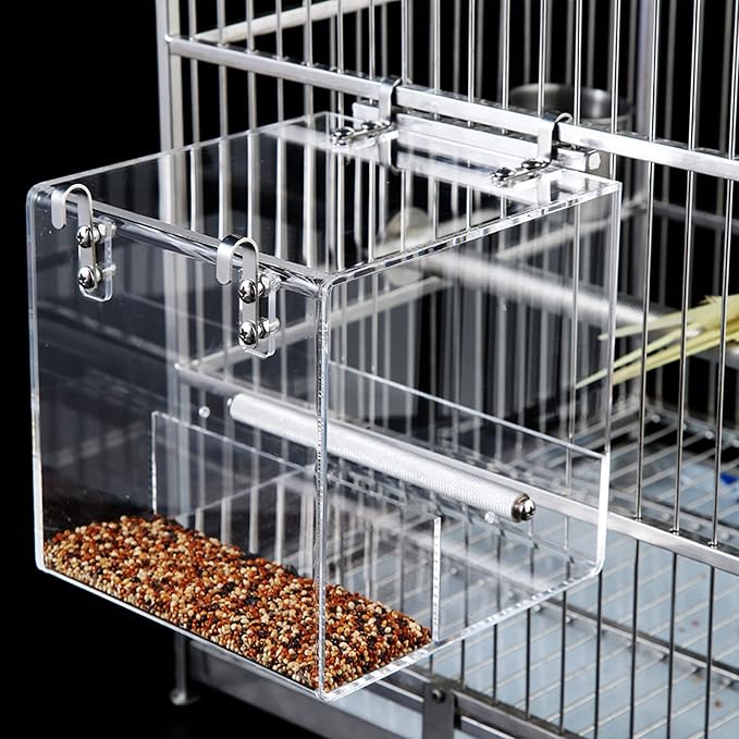No Mess Bird Feeder for Cage - Automatic Bird Feeder Transparent Food Container Acrylic No Spill Cage Seed Catcher with Stainless Steel Hooks for Parrot Parakeet Cockatiels Lovebirds
